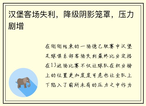 汉堡客场失利，降级阴影笼罩，压力剧增