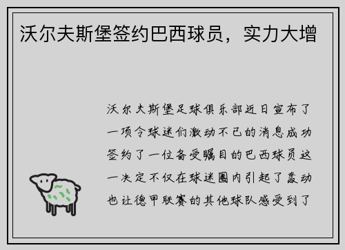 沃尔夫斯堡签约巴西球员，实力大增